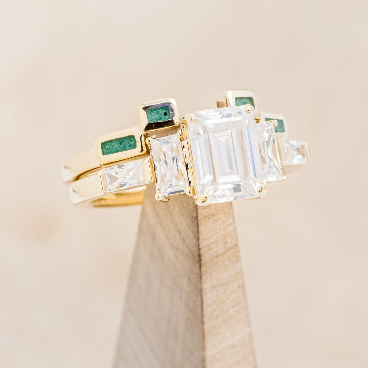 "GRETA" - EMERALD CUT MOISSANITE ENGAGEMENT RING WITH MALACHITE STACKING BAND-1