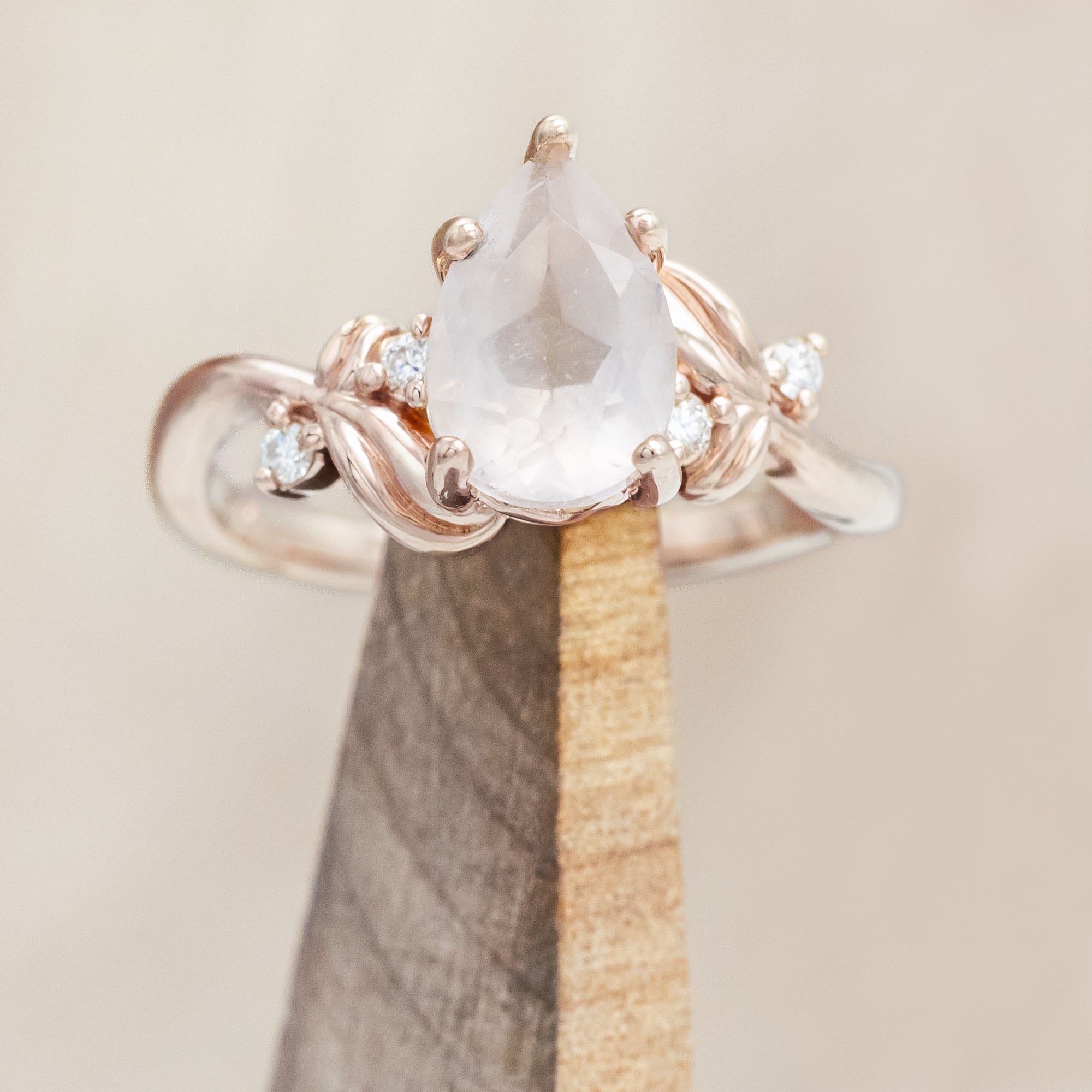 "GLADYS" - PEAR CUT ENGAGEMENT RING WITH DIAMOND ACCENTS ON A FLORAL-STYLE BAND-Staghead Designs