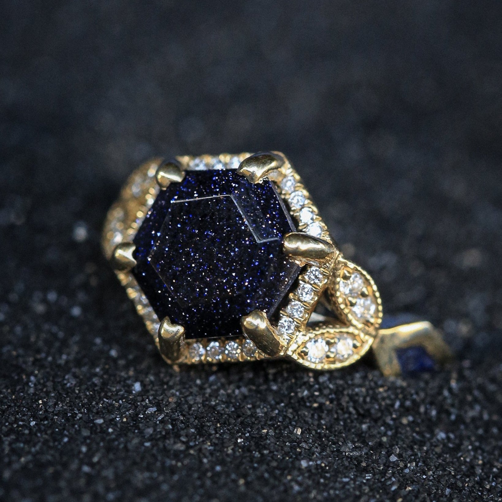 "LUCY IN THE SKY" - HEXAGON BLUE GOLDSTONE ENGAGEMENT RING WITH DIAMOND HALO & GOLDSTONE INLAYS-15