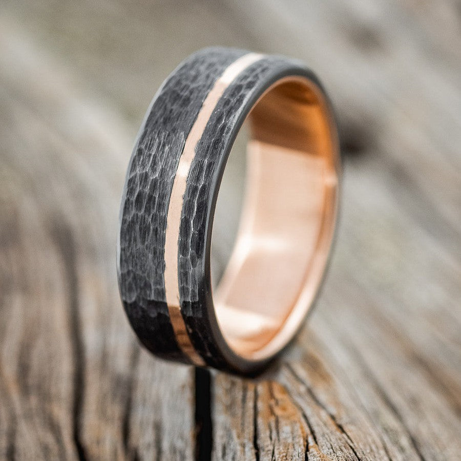 HAMMERED BLACK ZIRCONIUM & 14K GOLD INLAY WEDDING RING FEATURING A 14K GOLD BAND-1
