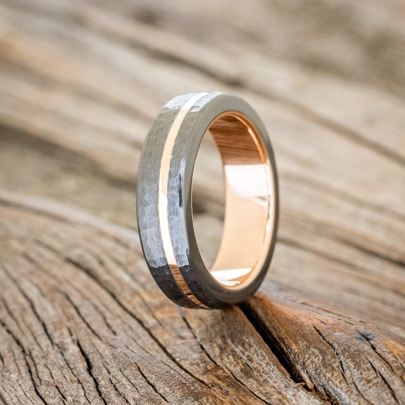 HAMMERED BLACK ZIRCONIUM & 14K GOLD INLAY WEDDING RING FEATURING A 14K GOLD BAND-1