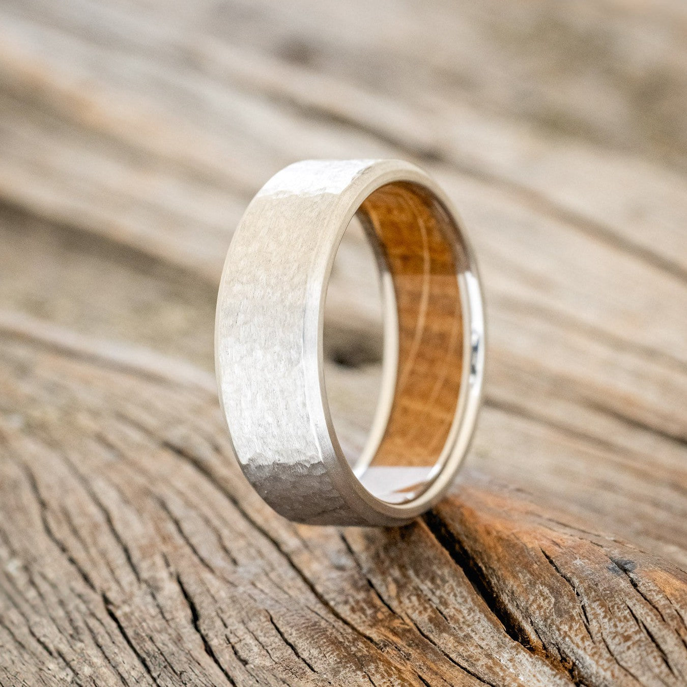HAMMERED WEDDING BAND WITH WHISKEY BARREL LINING-1