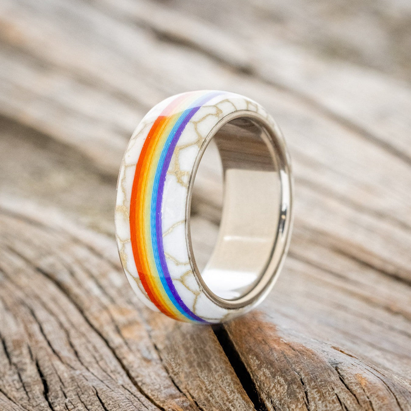 "HAVEN" - PRIDE INSPIRED WEDDING BAND WITH WHITE & GOLD TRUSTONE-1