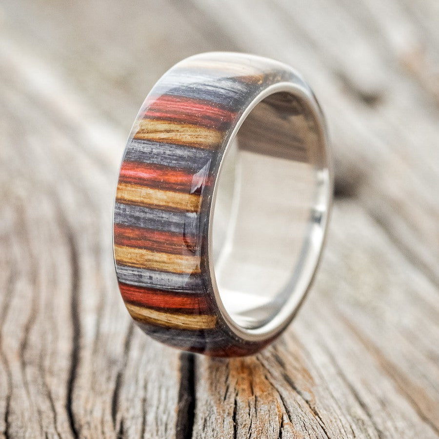 "HAVEN" - RED, GREY & BROWN DYED BIRCH WOOD WEDDING RING-1
