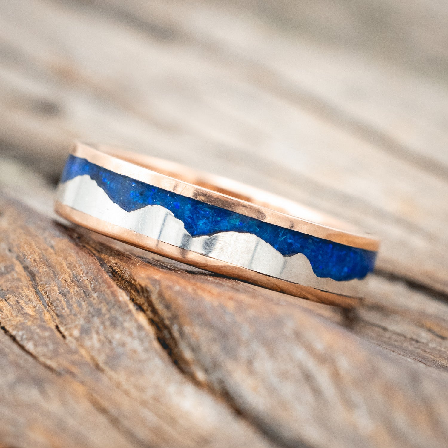 "HELIOS" - BLUE OPAL WITH SILVER MOUNTAIN RANGE WEDDING BAND-Staghead Designs