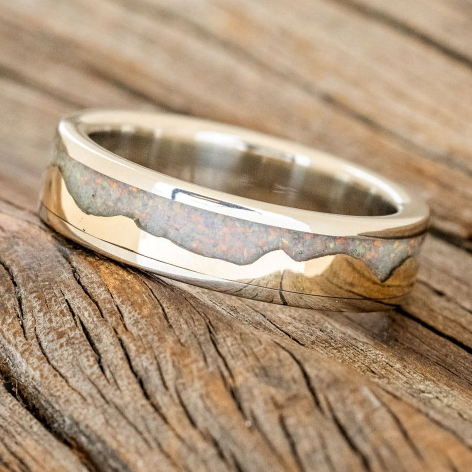 "Helios" - Fire And Ice Opal & 14K Gold Mountain Range Wedding Ring-Staghead Designs