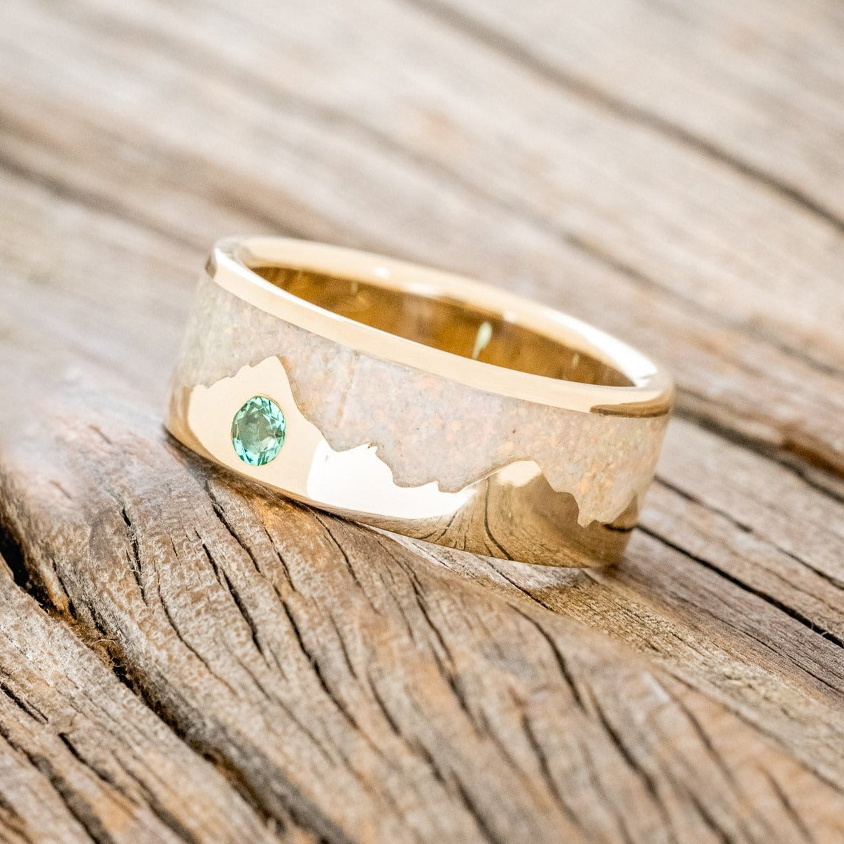 "HELIOS" - FIRE AND ICE OPAL & GOLD MOUNTAIN RANGE WEDDING RING FEATURING A LAB GROWN EMERALD ACCENT-1