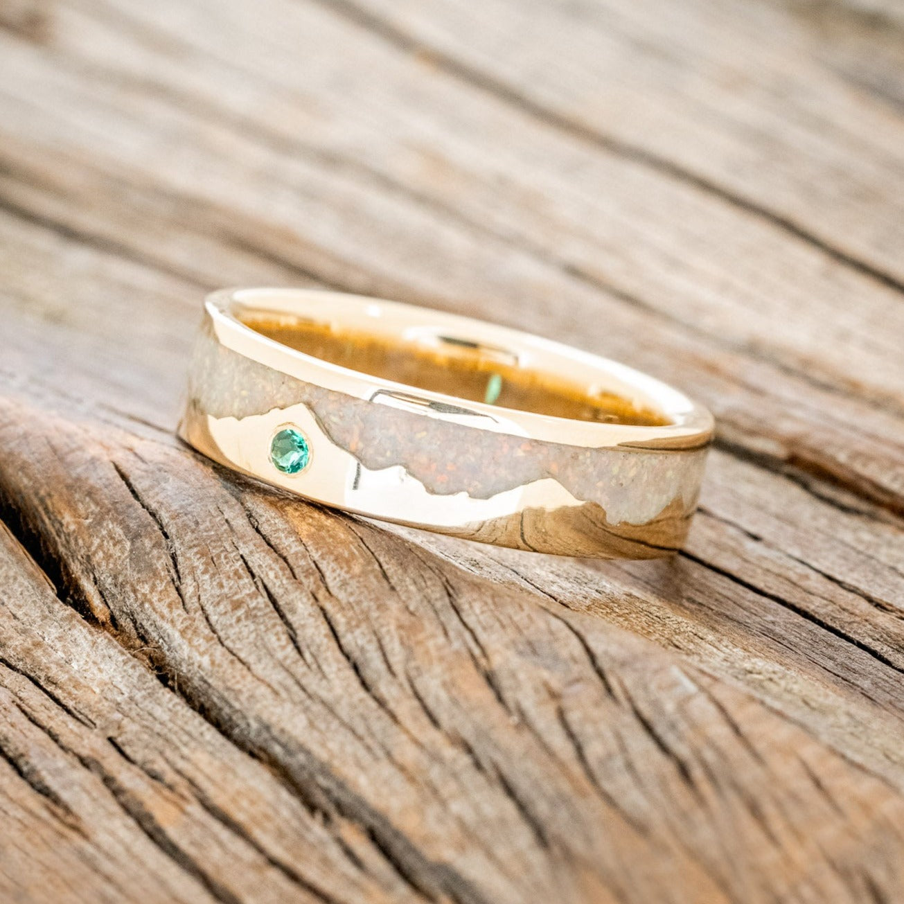 "HELIOS" - FIRE AND ICE OPAL & GOLD MOUNTAIN RANGE WEDDING RING FEATURING A LAB-GROWN EMERALD ACCENT-1