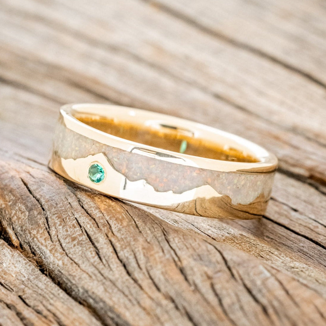 "HELIOS" - FIRE AND ICE OPAL WEDDING RING FEATURING A ROUND CUT GEMSTONE ACCENT AND A MOUNTAIN RANGE-Staghead Designs
