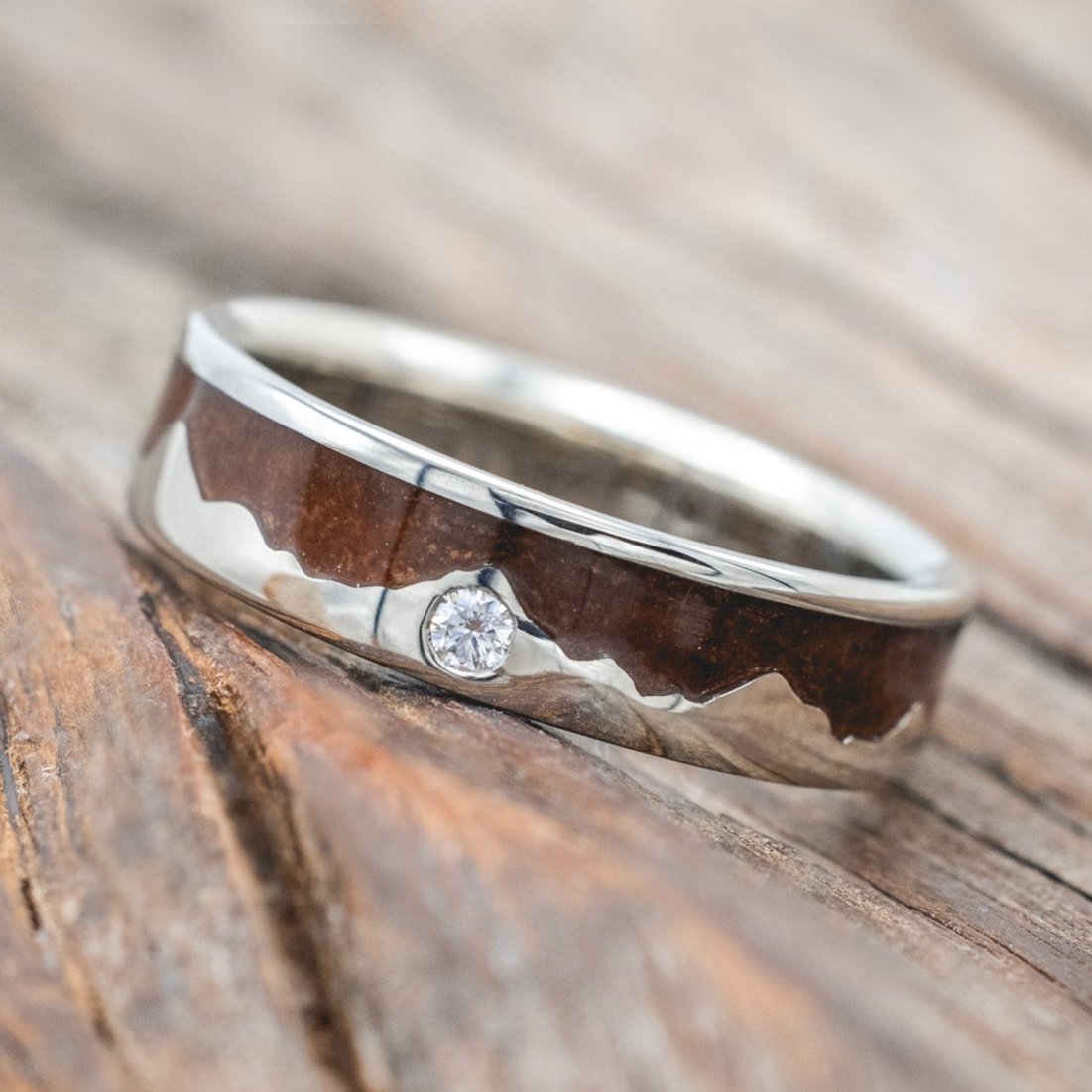 "HELIOS" - KOA WOOD & GOLD MOUNTAIN RANGE WEDDING RING FEATURING A MOISSANITE ACCENT-Staghead Designs