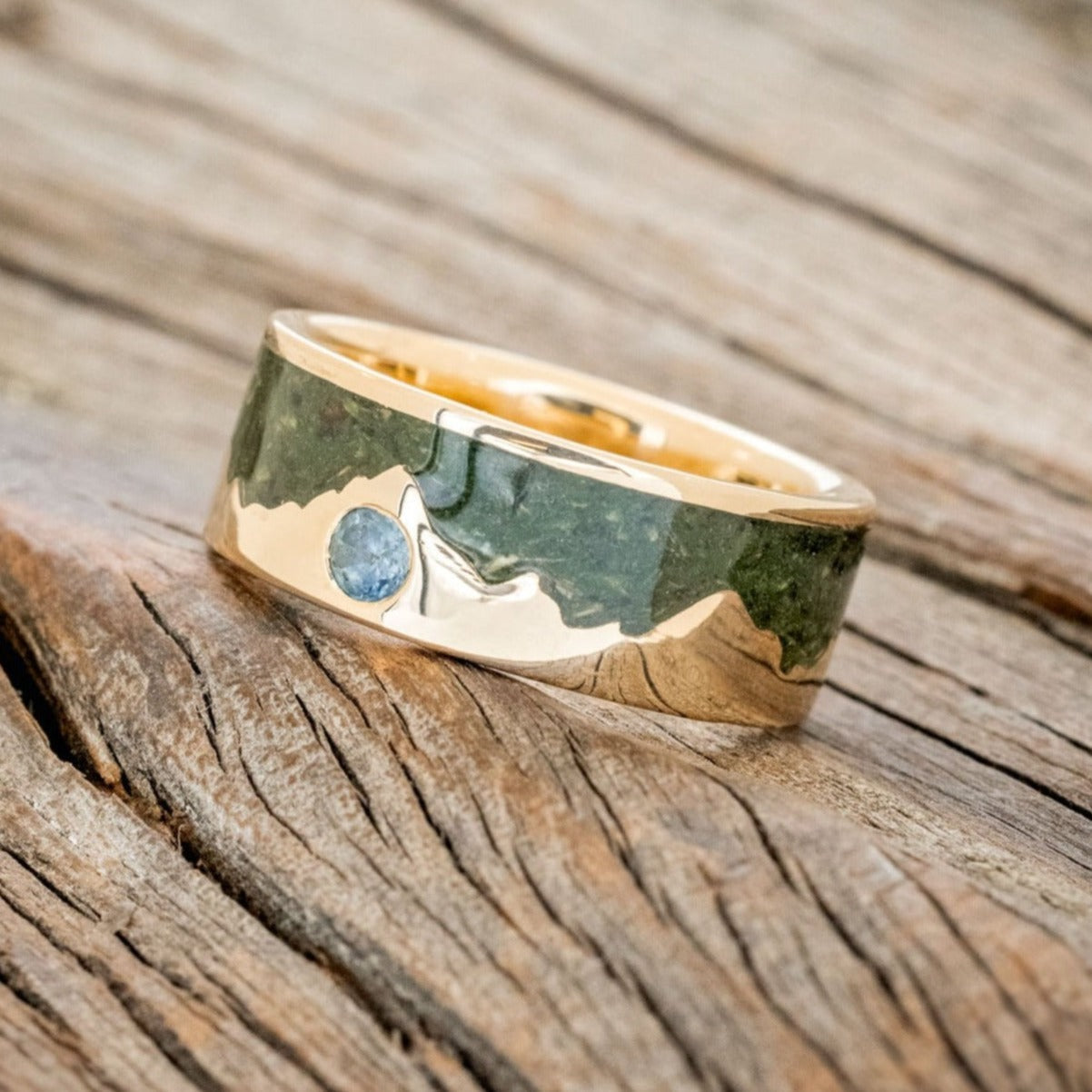 "HELIOS" - MOSS & GOLD MOUNTAIN RANGE WEDDING RING FEATURING A MONTANA SAPPHIRE ACCENT-1