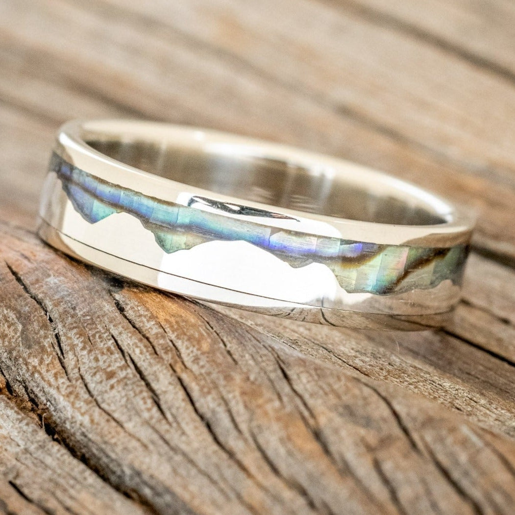 "Helios" - Paua Shell & Silver Mountain Range Men's Wedding Ring-Staghead Designs