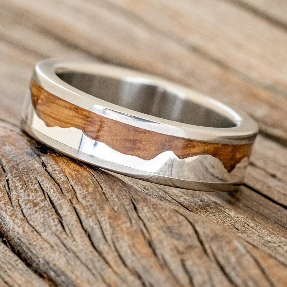 "Helios" - Whiskey Barrel Oak & Silver Mountain Range Men's Wedding Band-Staghead Designs