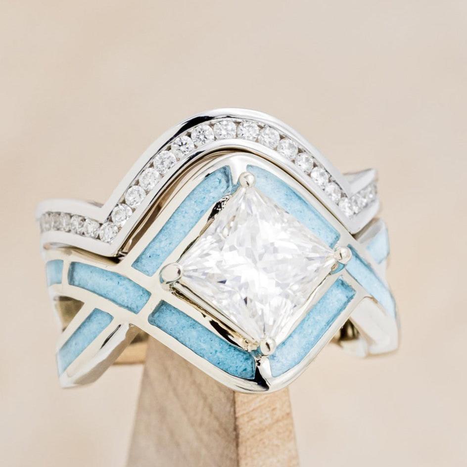 "HELIX" - PRINCESS CUT MOISSANITE ENGAGEMENT RING WITH TURQUOISE INLAYS & DIAMOND TRACER-1