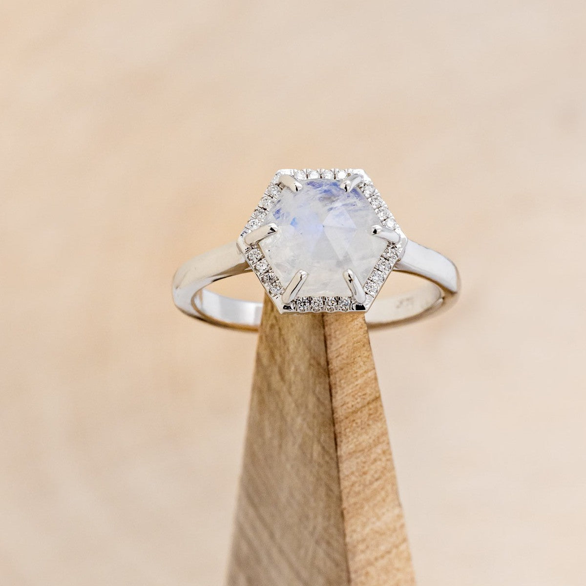 HEXAGON MOONSTONE ENGAGEMENT RING WITH DIAMOND HALO-1