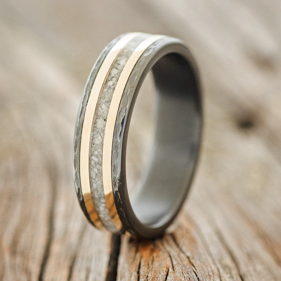 "HOLLIS" - ELK TOOTH IVORY & 14K GOLD INLAYS WEDDING RING FEATURING A HAMMERED BAND-1