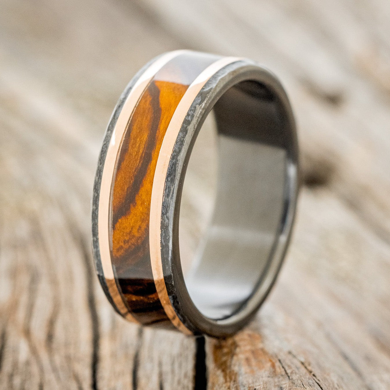 "HOLLIS" - IRONWOOD & 14K GOLD INLAYS WEDDING RING WITH A HAMMERED BLACK ZIRCONIUM BAND-1