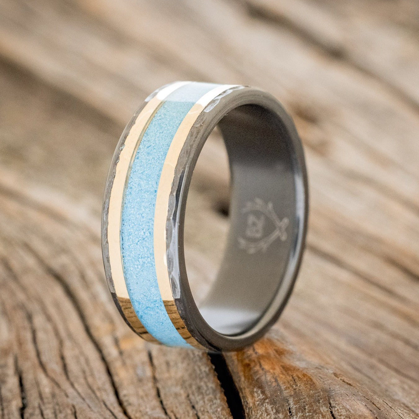 "HOLLIS" - TURQUOISE & 14K YELLOW GOLD INLAYS WEDDING RING FEATURING A HAMMERED BAND-1