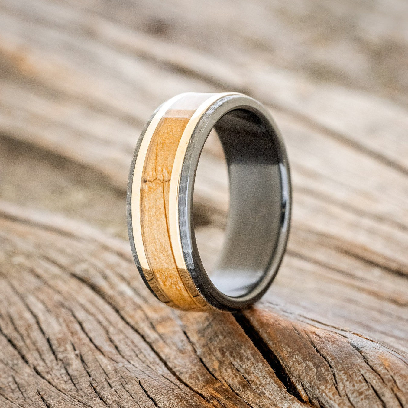 "HOLLIS" - WHISKEY BARREL & 14K GOLD INLAYS WEDDING RING-1