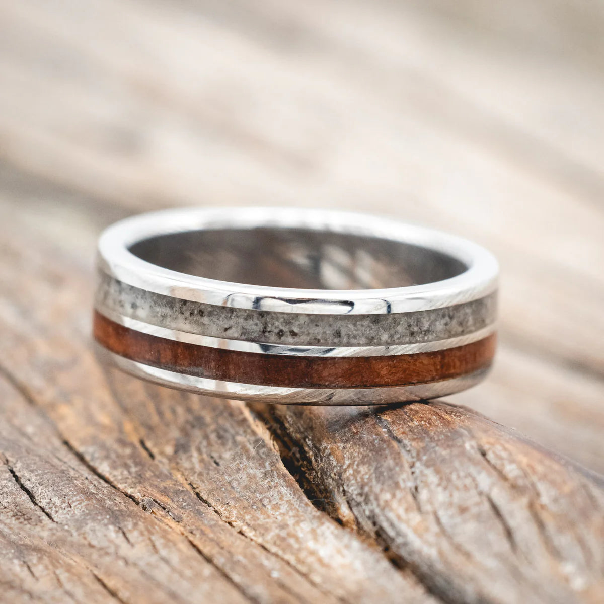"DYAD" - REDWOOD AND GRANITE WEDDING BAND - DAMASCUS STEEL (6MM) - SIZE 8 1/4-Staghead Designs