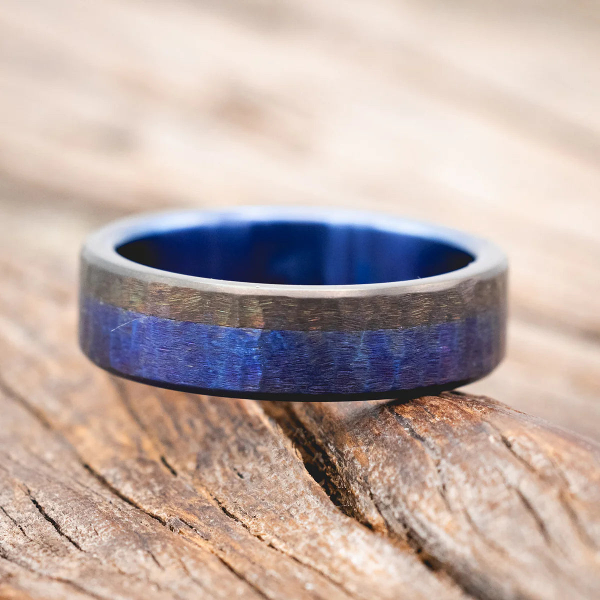 FIRE-TREATED TITANIUM WEDDING RING WITH BLACK ZIRCONIUM OVERLAY & HAMMERED FINISH - 6MM - TITANIUM - SIZE 9-Staghead Designs