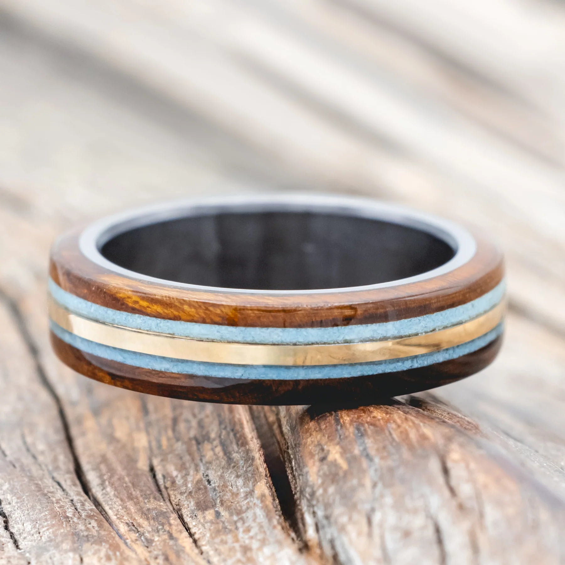 "Canyon" - Ironwood, Turquoise & 14K Yellow Gold Inlay Wedding Band - Black Zirconium (6mm) - Size 8
