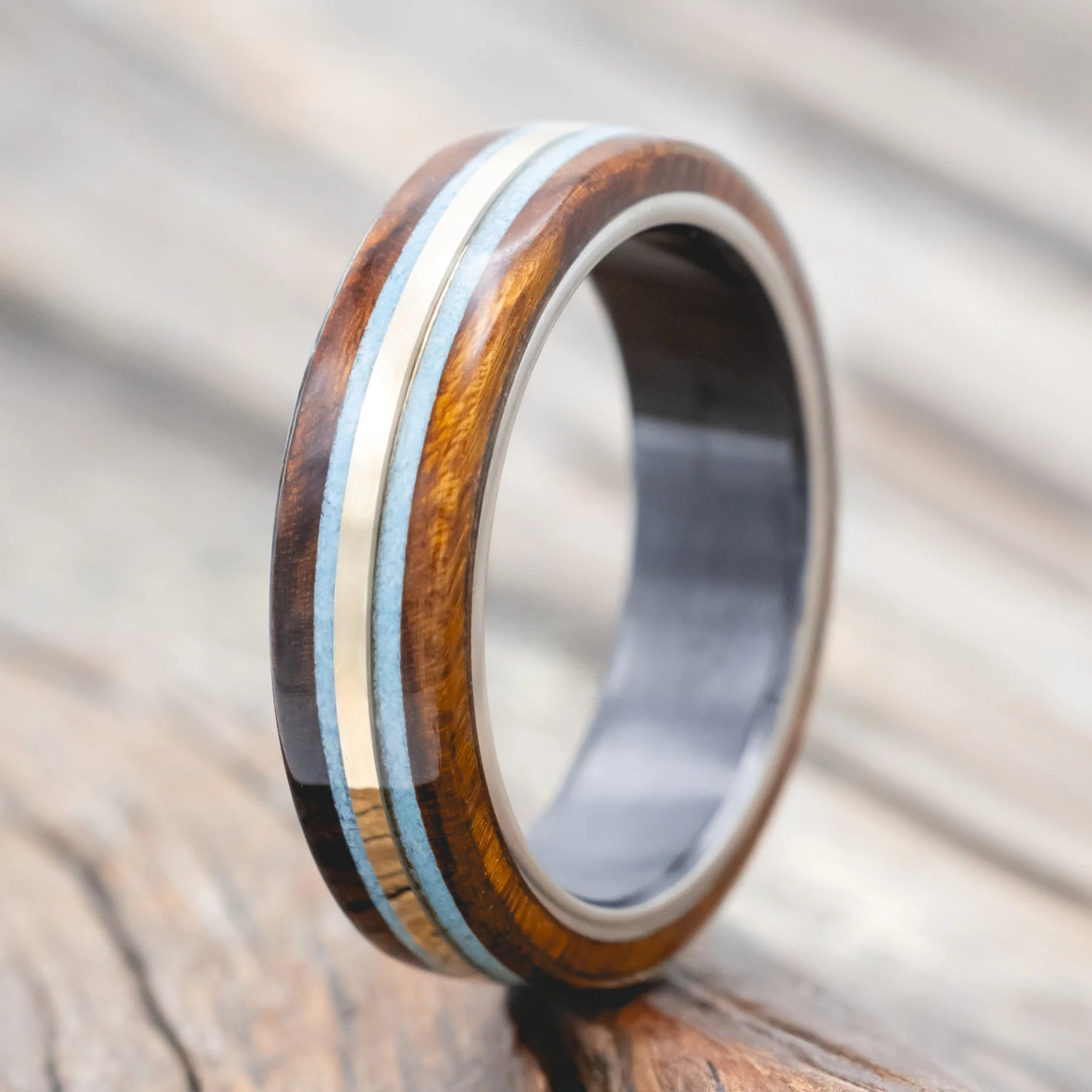 "Canyon" - Ironwood, Turquoise & 14K Yellow Gold Inlay Wedding Band - Black Zirconium (6mm) - Size 8