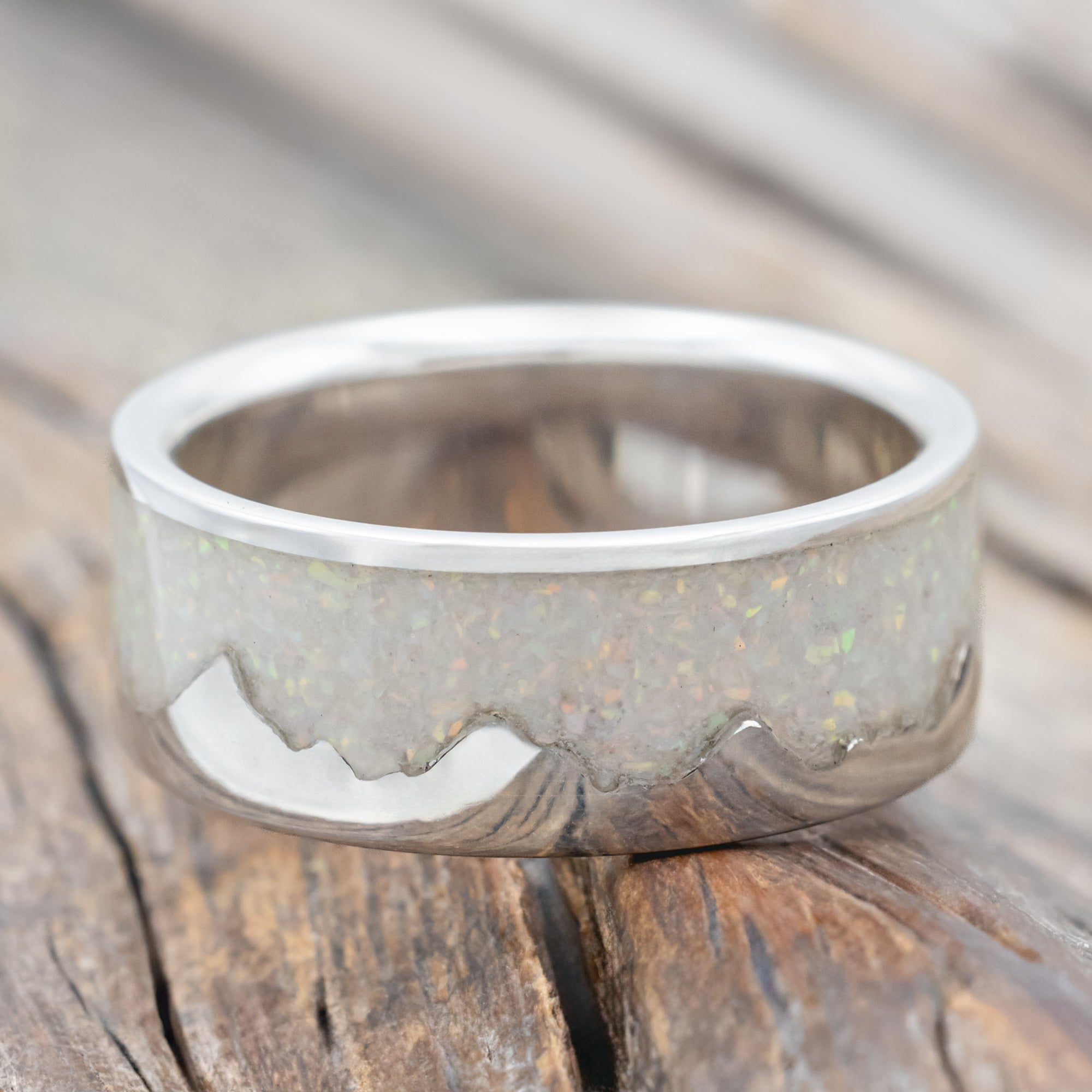 "Helios" - Fire & Ice Opal With Silver Mountain Range Wedding Ring-Staghead Designs