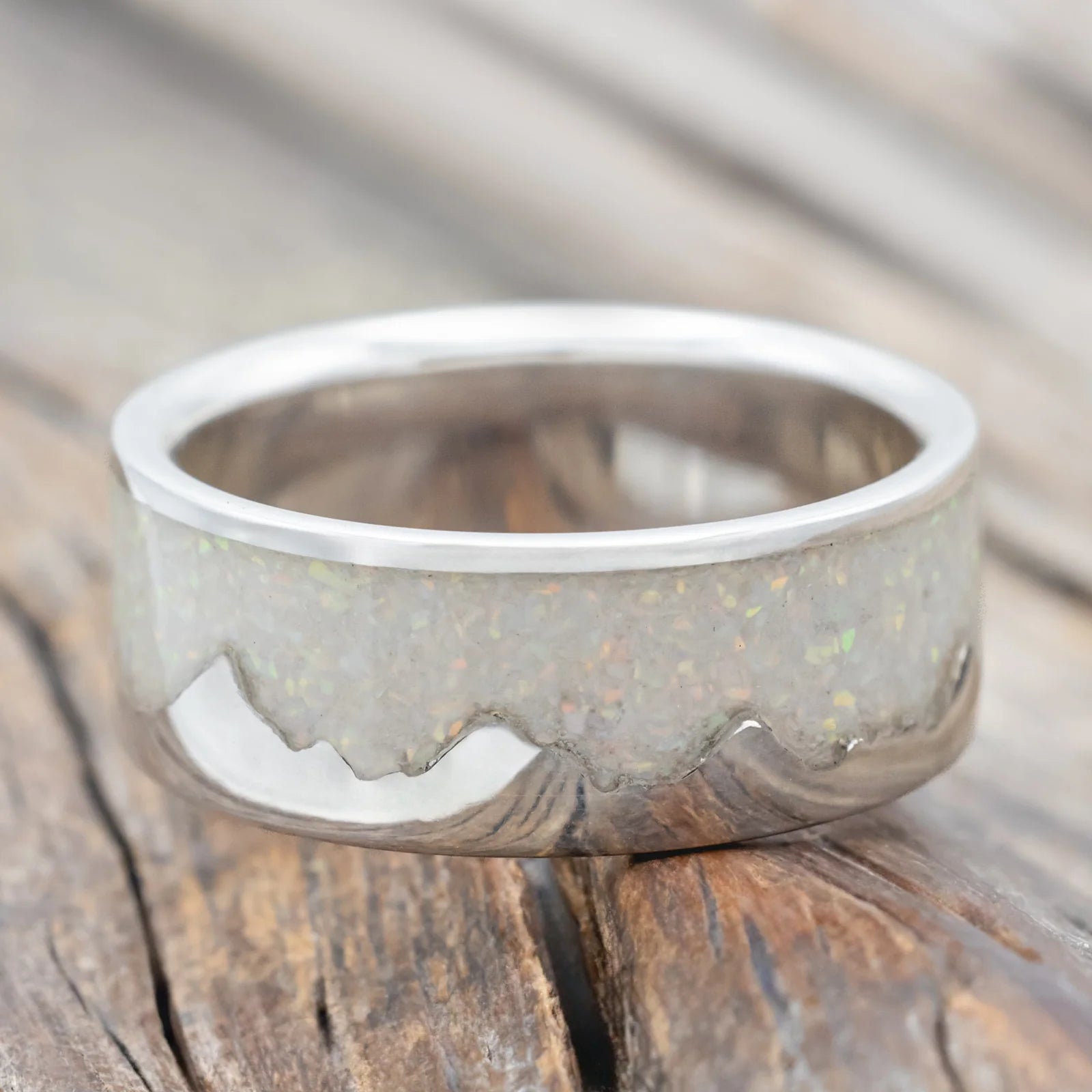 "Helios" - Crushed Fire & Ice Opal Wedding Band - Silver (8mm) - Size 7 1/2