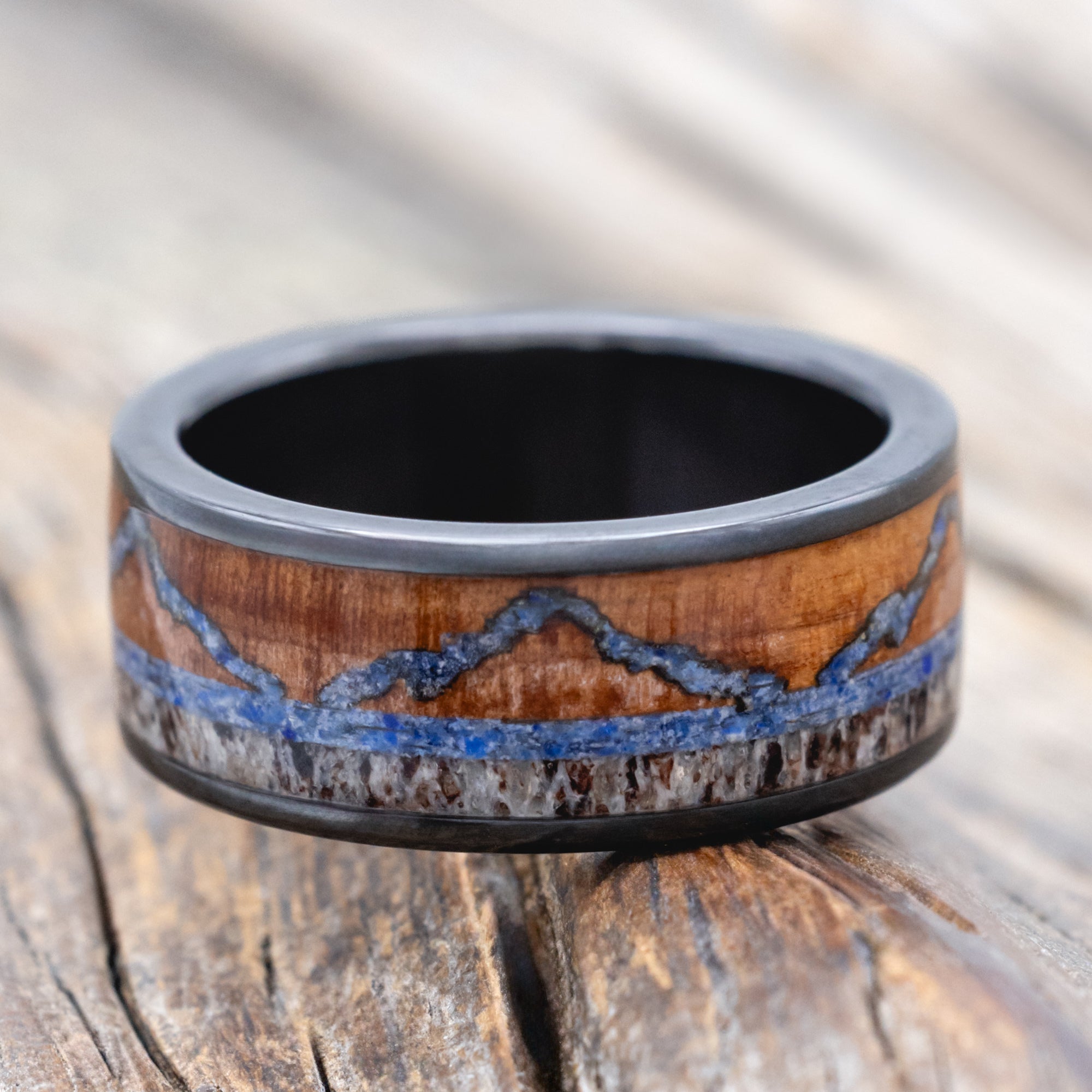 "The Expedition" - Mountain Engraved Wedding Ring With Redwood, Lapis Lazuli & Antler - Black Zirconium (8mm) - Size 6 1/2
