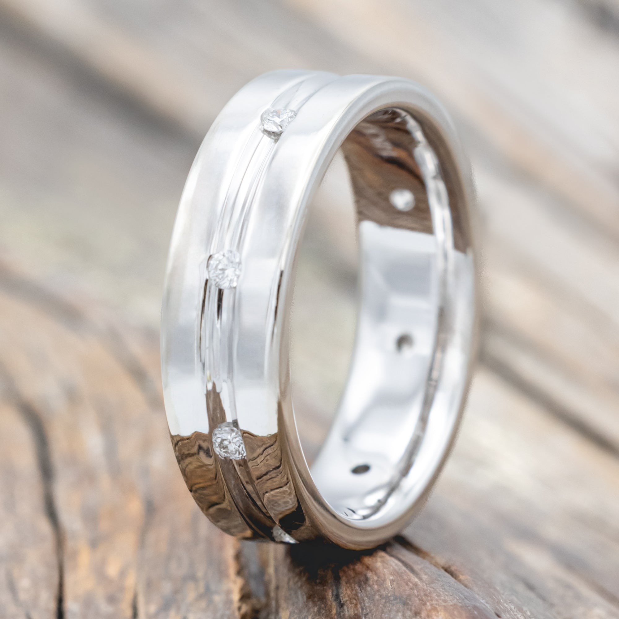 MEN'S GROOVED ENGAGEMENT RING WITH DIAMOND ACCENTS-Staghead Designs