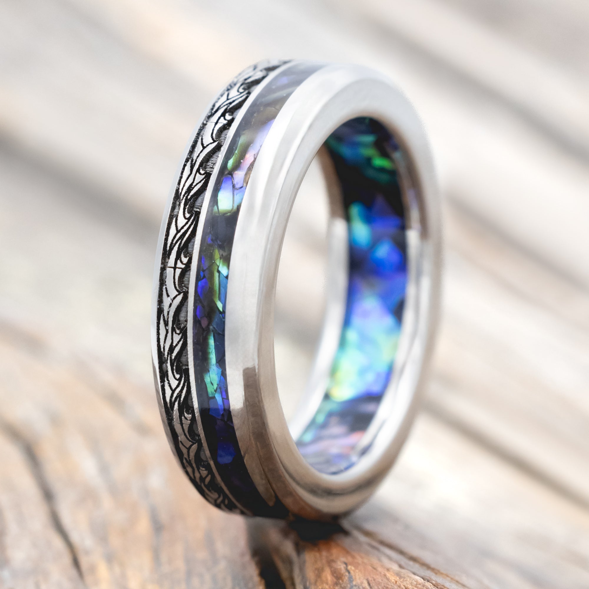 "TRITON" - WAVE ENGRAVED WEDDING BAND WITH PAUA SHELL INLAY & LINING-Staghead Designs