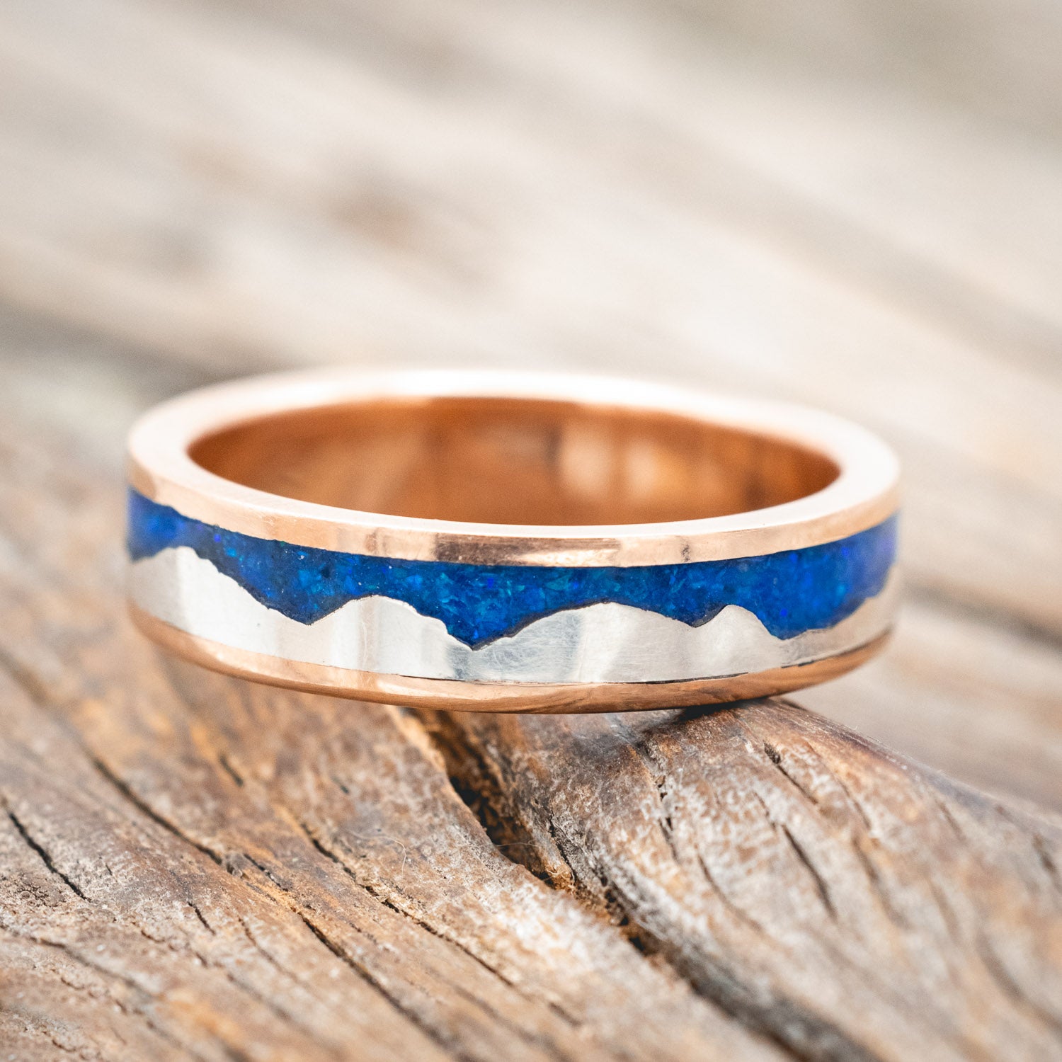 "HELIOS" - BLUE OPAL WITH SILVER MOUNTAIN RANGE WEDDING BAND-Staghead Designs