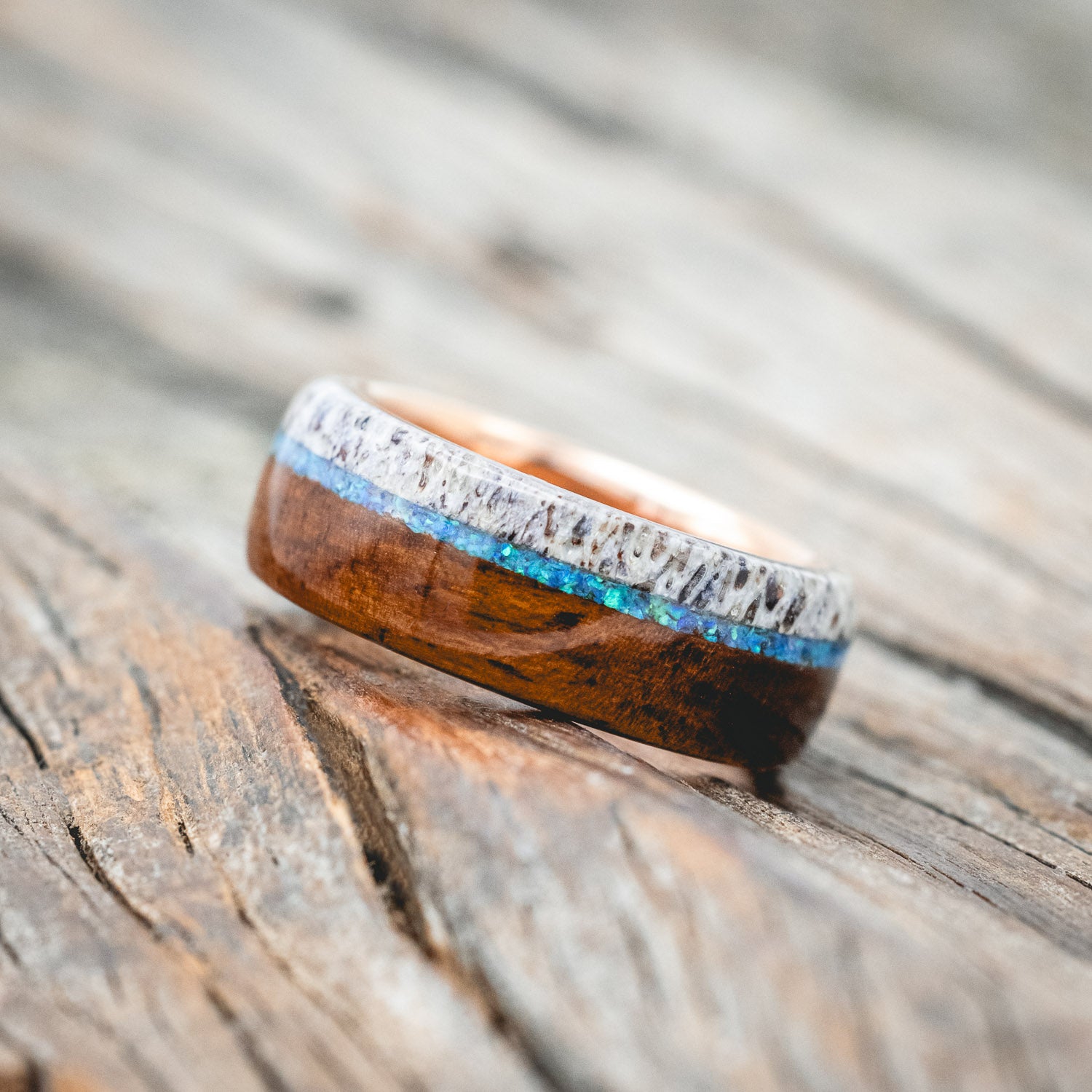 "ARGOS" - BLUE OPAL, IRONWOOD & ANTLER WEDDING BAND-Staghead Designs