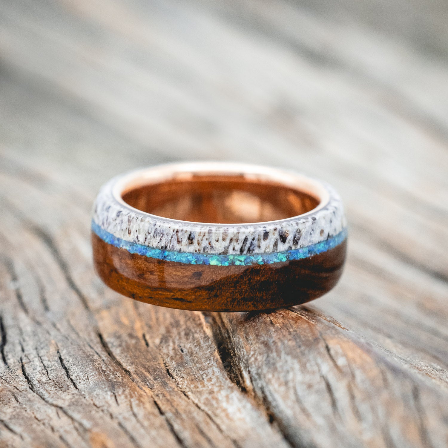 "ARGOS" - BLUE OPAL, IRONWOOD & ANTLER WEDDING BAND-Staghead Designs