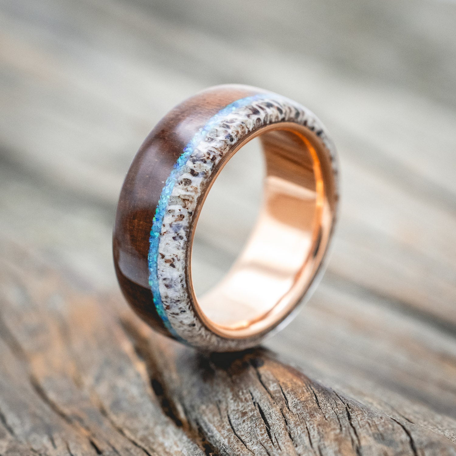 "ARGOS" - BLUE OPAL, IRONWOOD & ANTLER WEDDING BAND-Staghead Designs