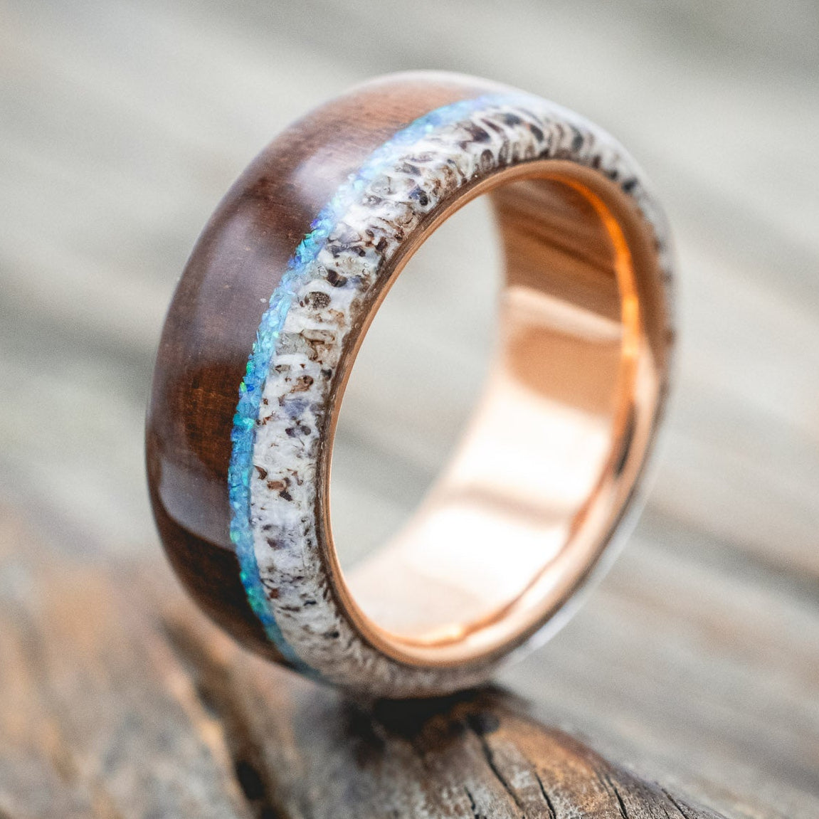 "ARGOS" - BLUE OPAL, IRONWOOD & ANTLER WEDDING BAND-Staghead Designs