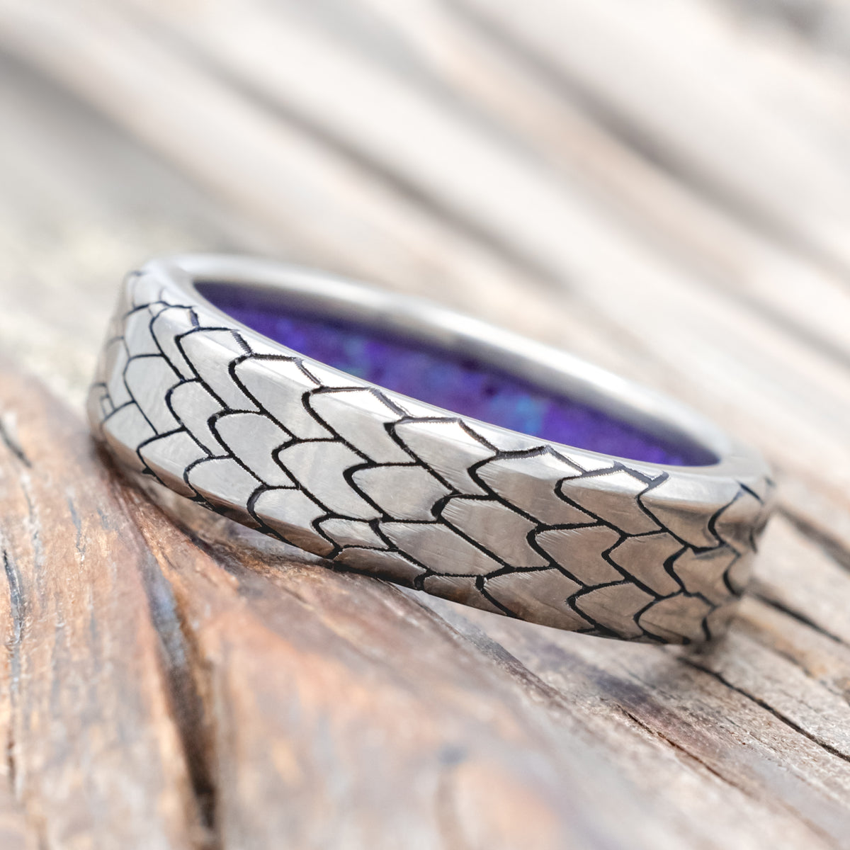 "Echo" - Dragon Scale Wedding Ring Featuring A Starburst Opal Lined Band-Staghead Designs