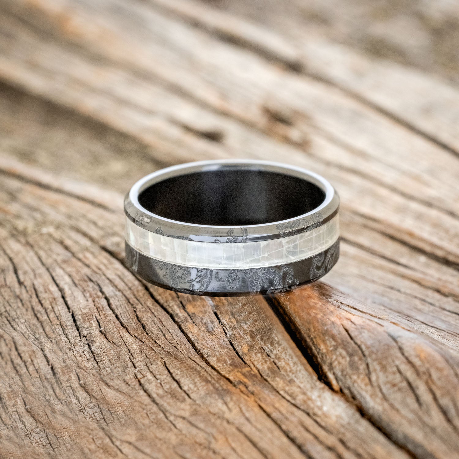 "TANNER" - FLORAL ENGRAVED MOTHER OF PEARL WEDDING RING-3