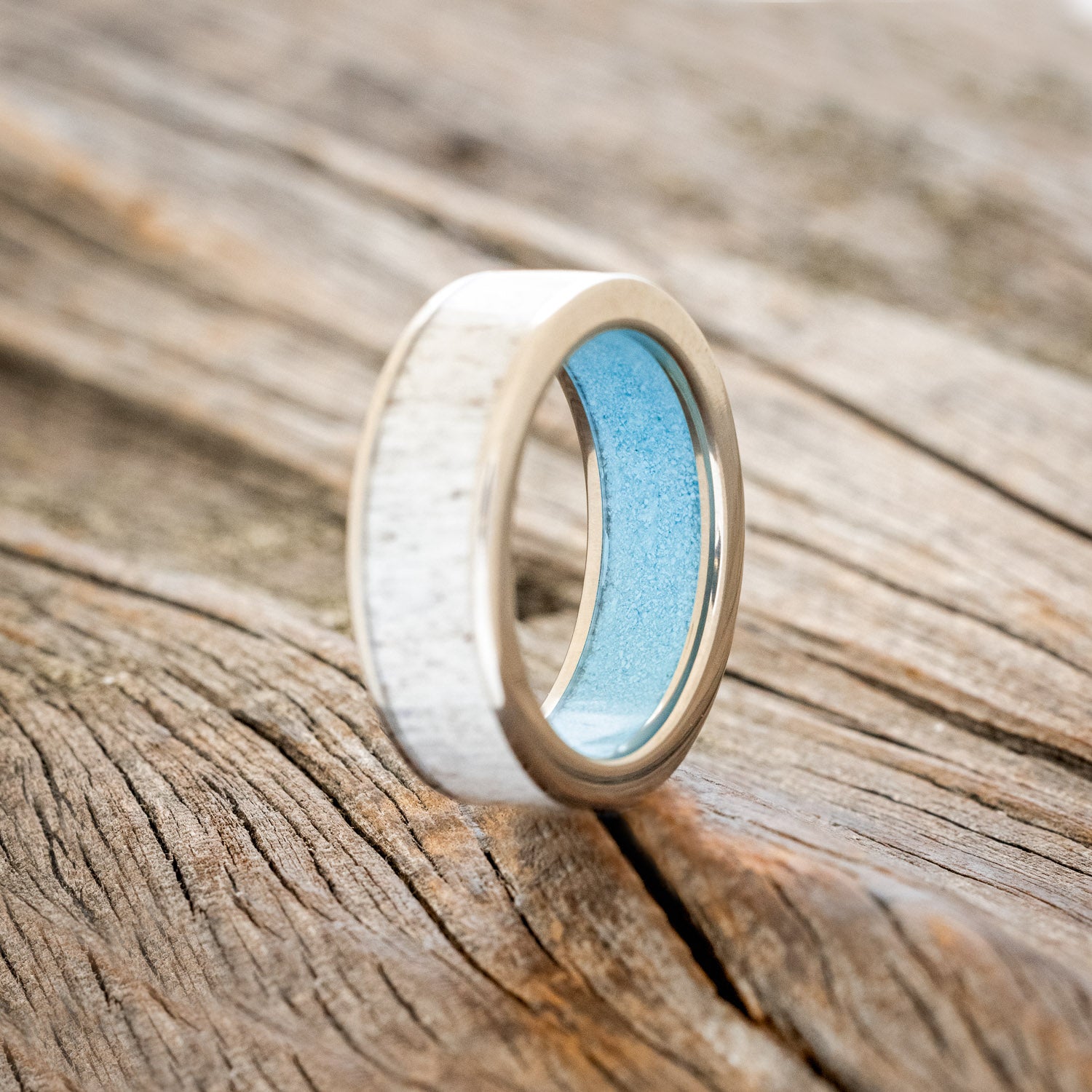 "RAINIER" - ANTLER INLAY AND TURQUOISE LINING WEDDING RING-5