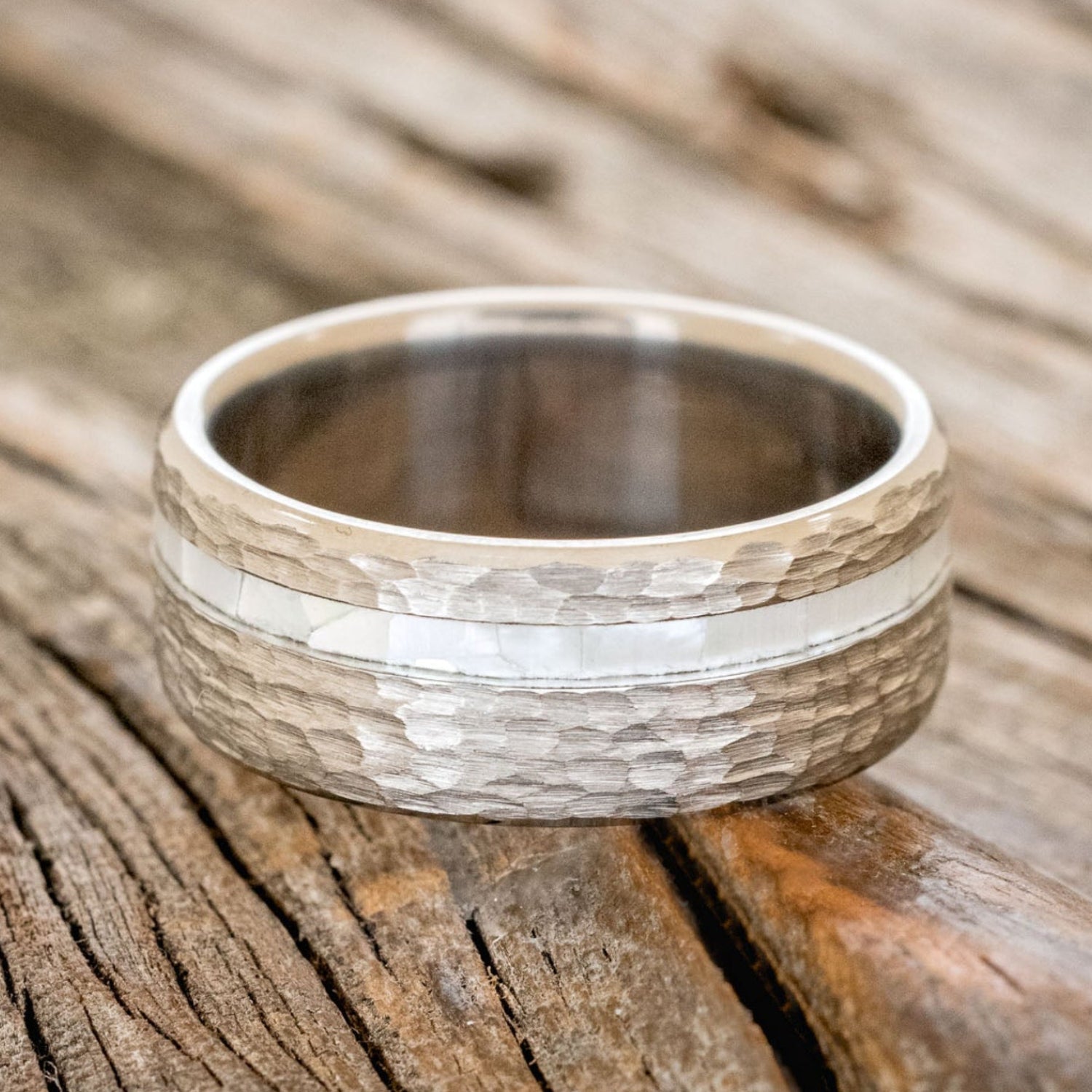 "VERTIGO" - MOTHER OF PEARL WEDDING BAND WITH A HAMMERED FINISH-3