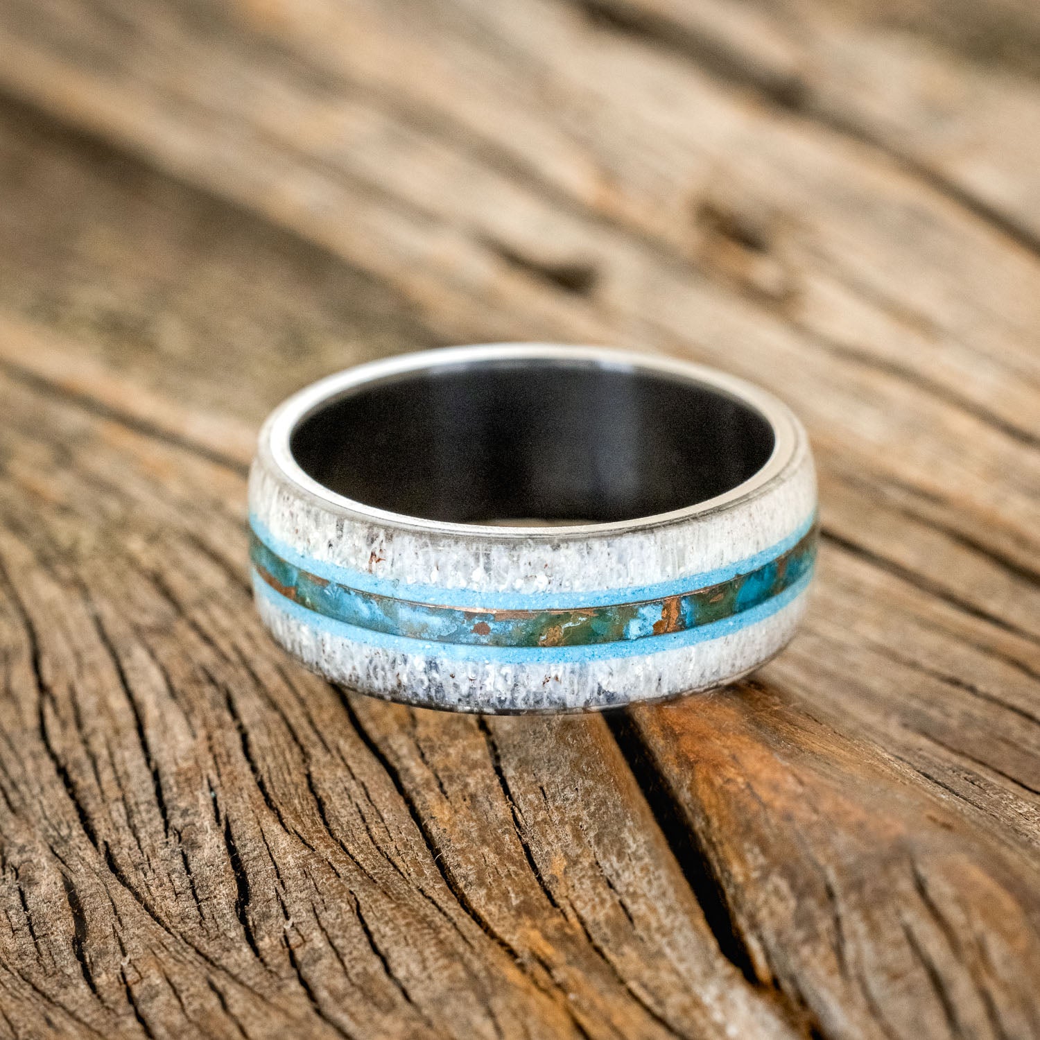 "CANYON" - ANTLER, TURQUOISE & PATINA COPPER WEDDING BAND-3