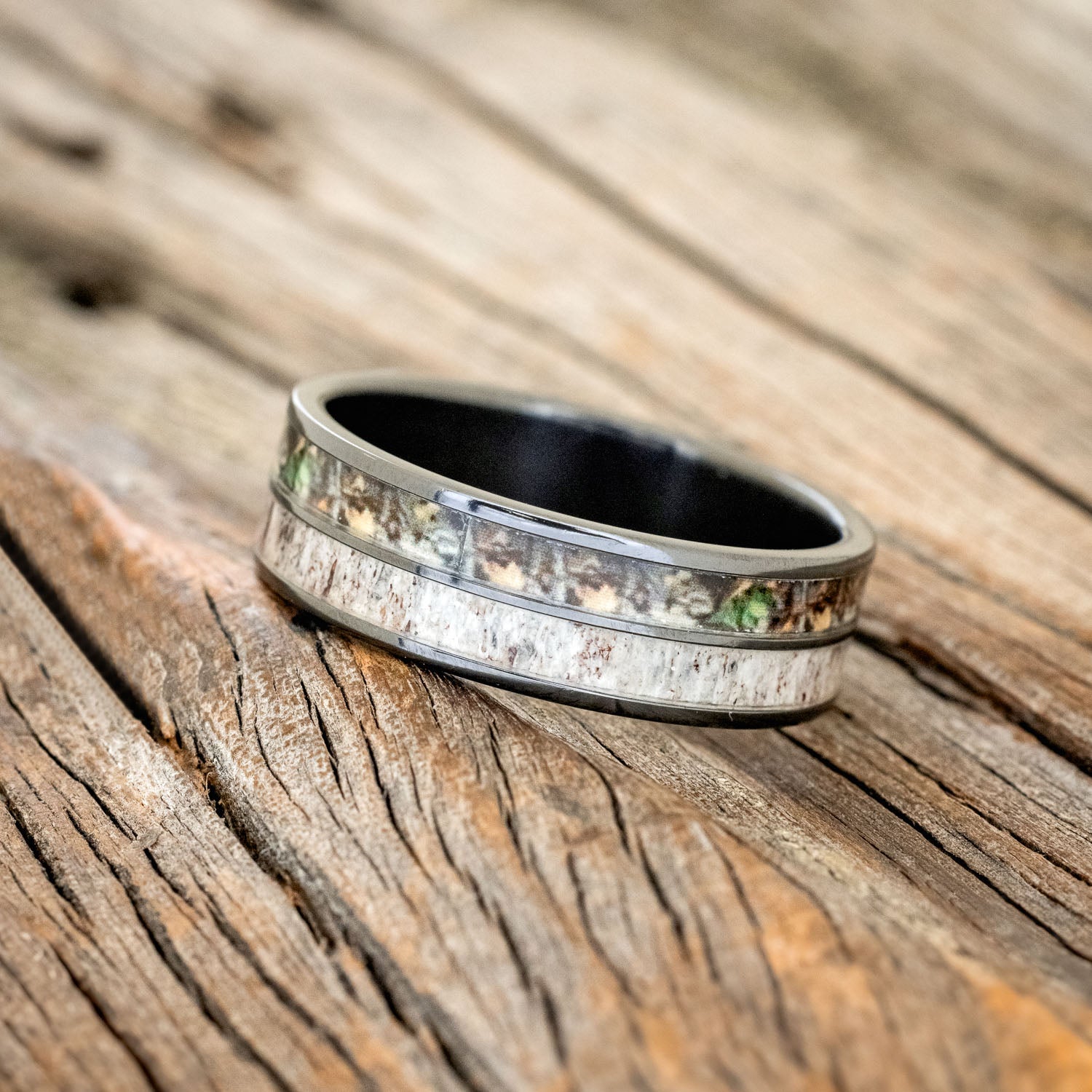 "DYAD" - CAMO & ELK ANTLER INLAY WEDDING BAND-2