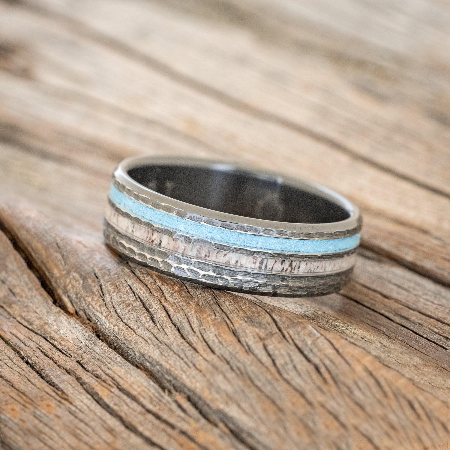 "COSMO" - ANTLER & TURQUOISE WEDDING RING WITH A HAMMERED FINISH-8