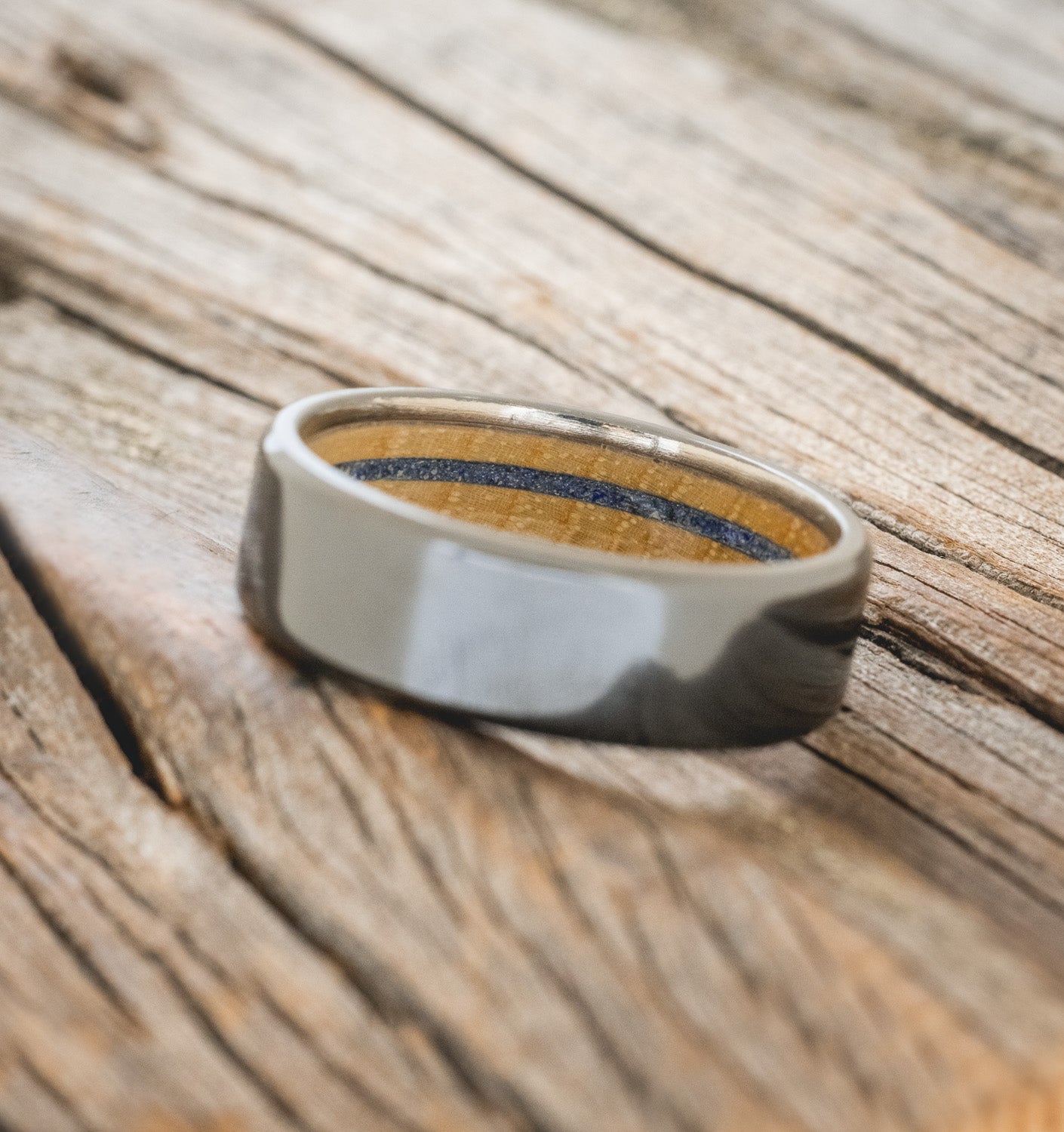 "ARGOS" - WHISKEY BARREL OAK & LAPIS LAZULI LINED WEDDING BAND-6
