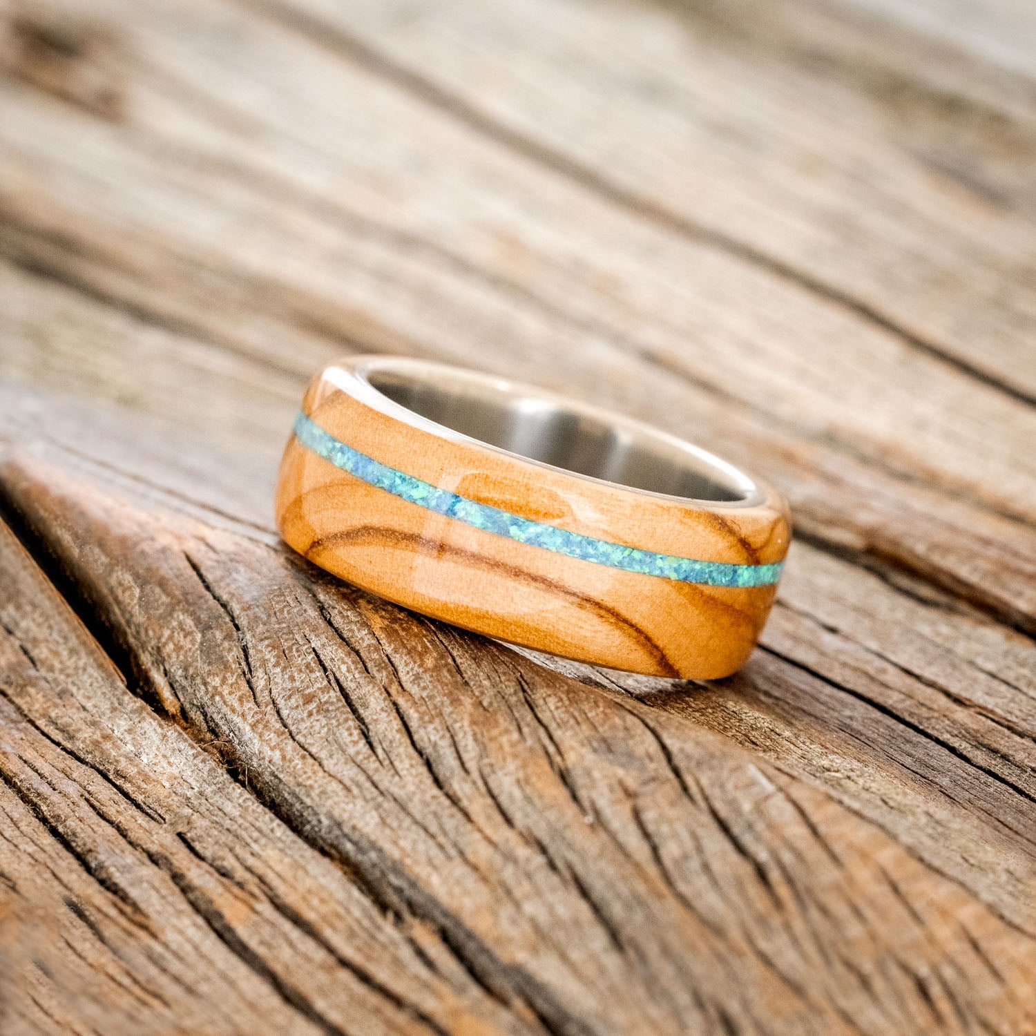 "REMMY" - OLIVE WOOD WEDDING BAND WITH A BLUE OPAL INLAY-2