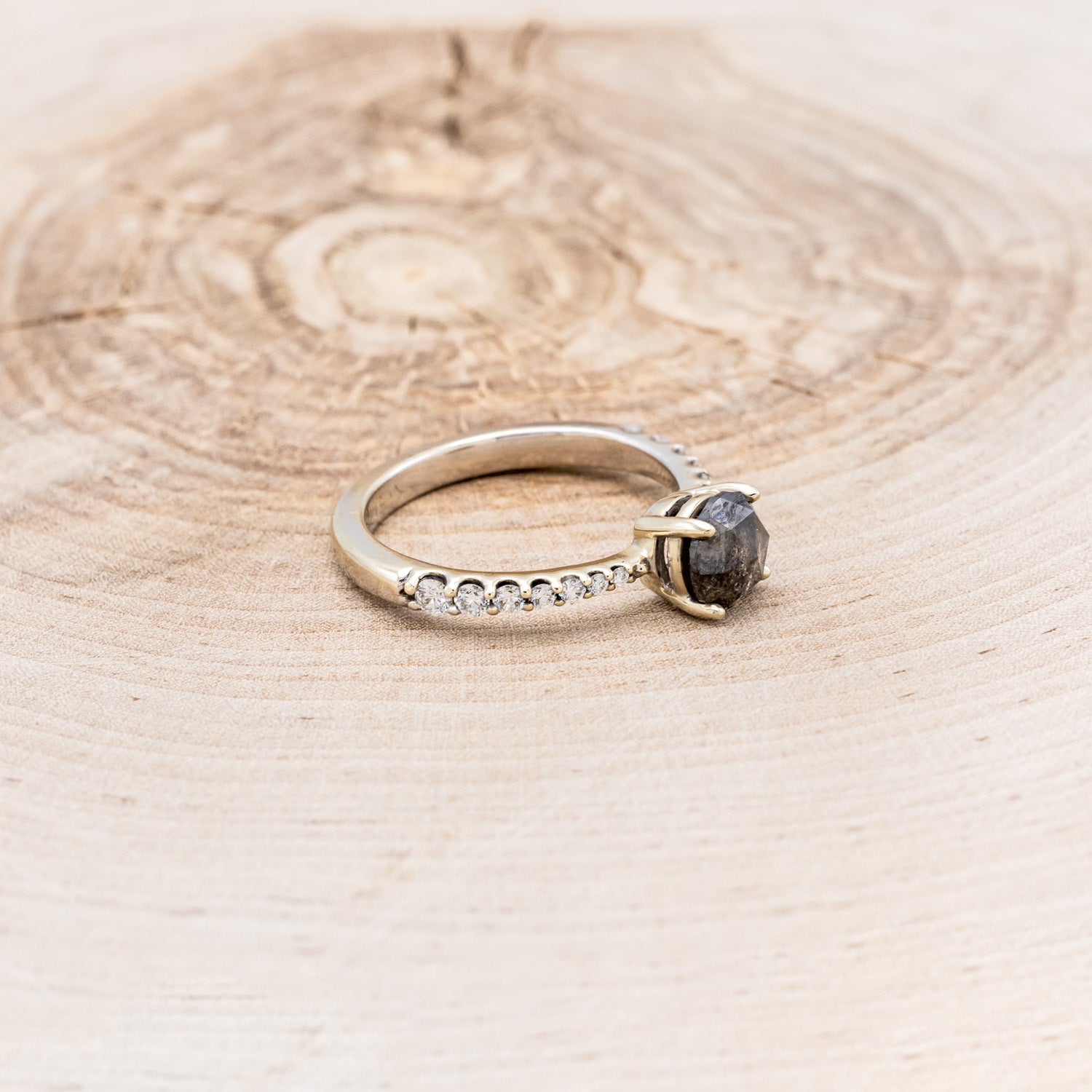 "PERRY" - ROUND CUT SALT & PEPPER DIAMOND ENGAGEMENT RING WITH DIAMOND ACCENTS - 14K WHITE GOLD - SIZE 6 3/4-2