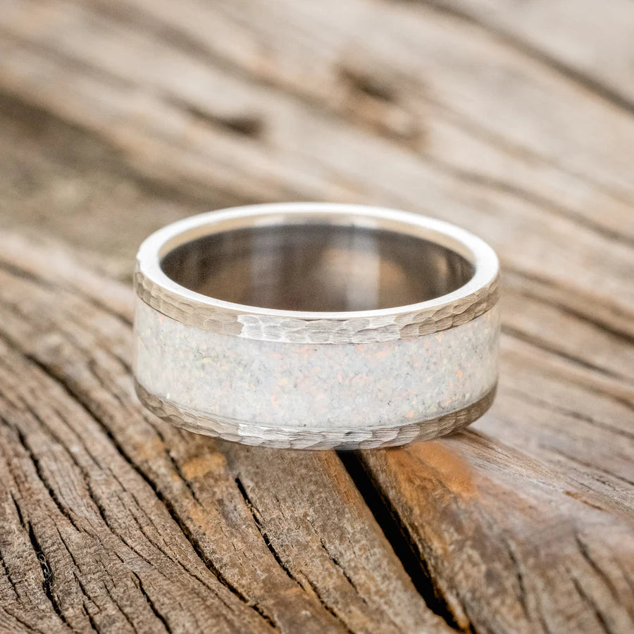 "KALDER" - CRUSHED FIRE & ICE OPAL WEDDING RING WITH A HAMMERED FINISH - BLACK ZIRCONIUM - SIZE 9 1/2-Staghead Designs