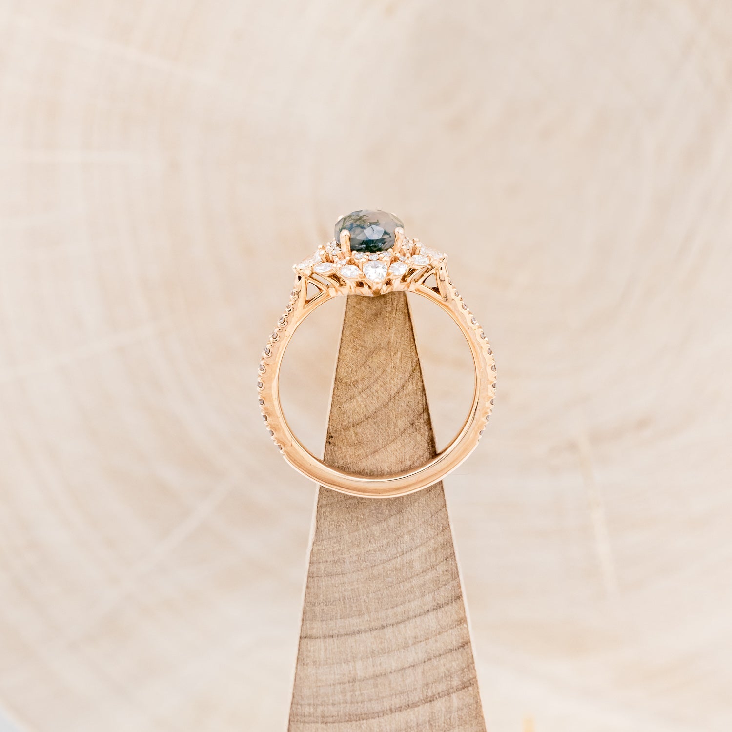 "NORTH STAR" - OVAL MOSS AGATE ENGAGEMENT RING WITH DIAMOND HALO, DIAMOND ACCENTS, & A DIAMOND TRACER-12