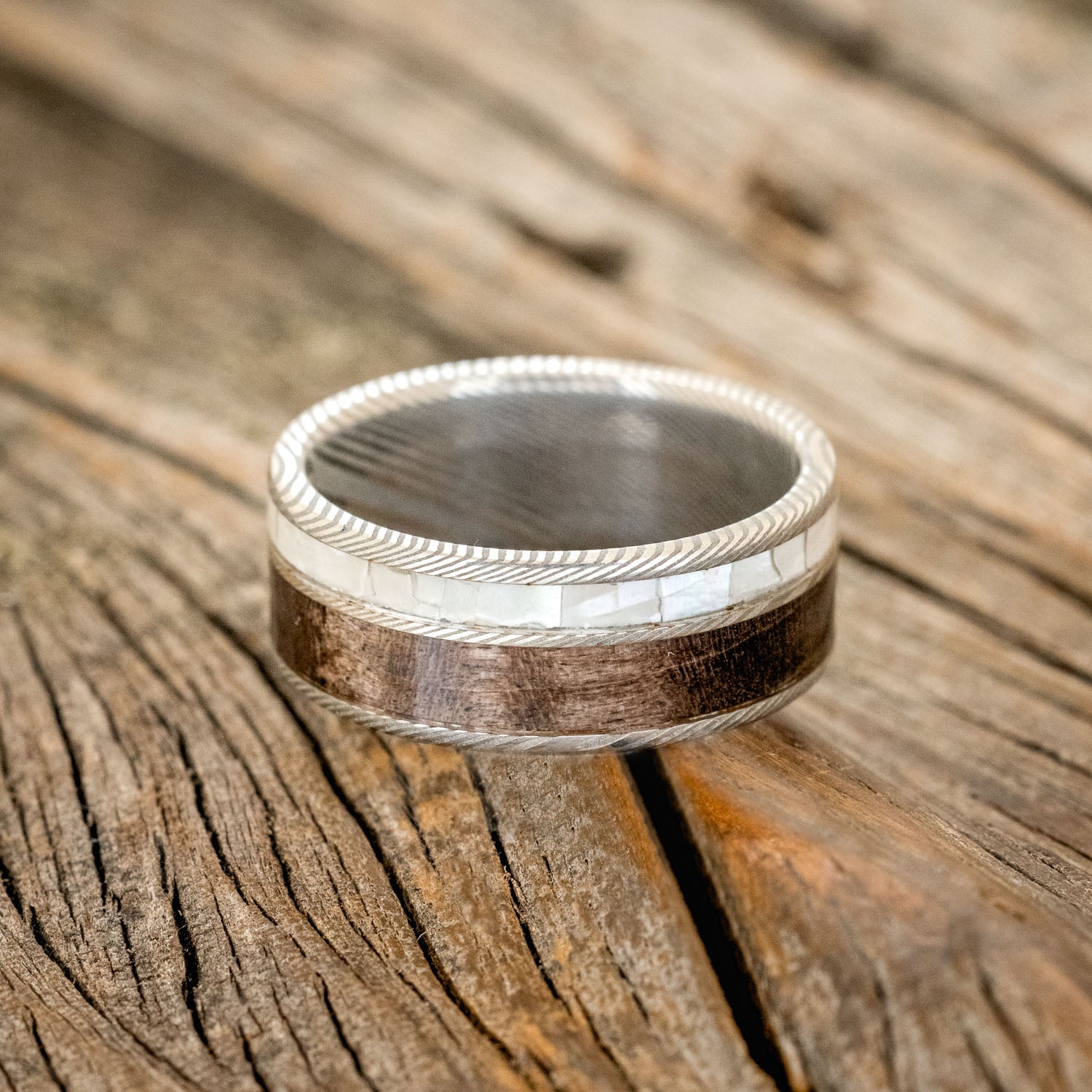 "RAPTOR" - DARK WALNUT WOOD & MOTHER OF PEARL WEDDING BAND-3